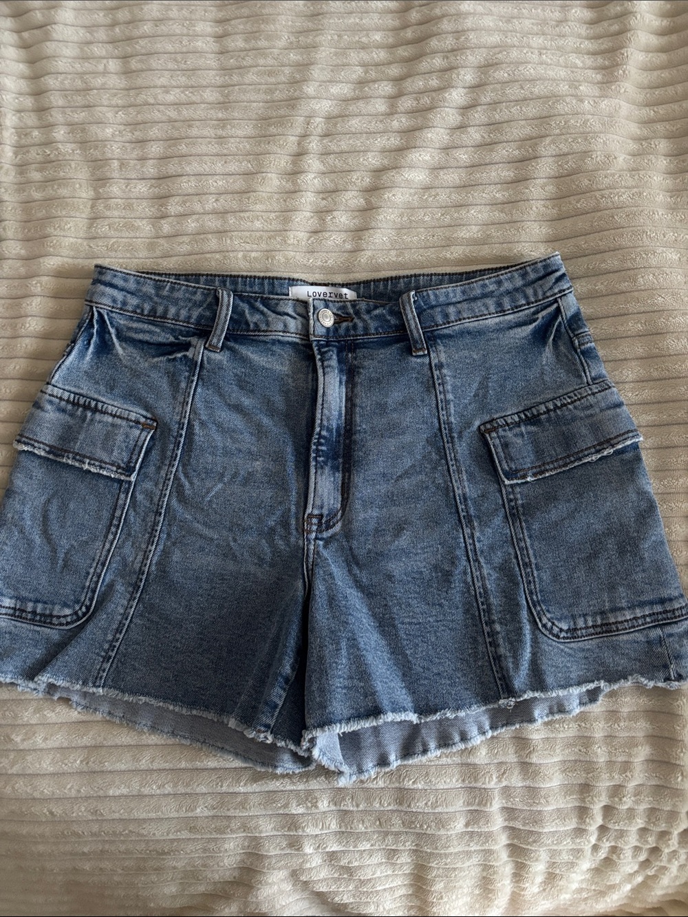 Vervet Blue Denim Cargo Shorts with Frayed Hem